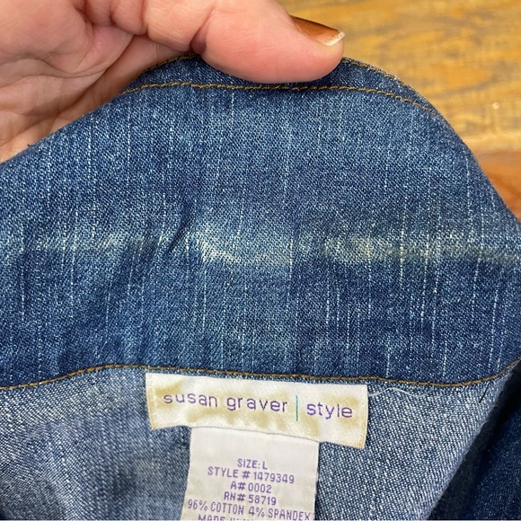 Susan Graver Jacket Womens Large Floral Beaded Embroidered Denim Blazer Stretch - Picture 10 of 12